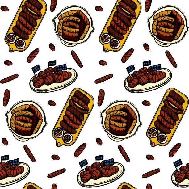 Vector illustration of Beer Fest seamless pattern with sausages and sauces. illustration background in ink hand drawn style. Ideal for textiles, packaging, paper printing, simple backgrounds and textures. Vector.