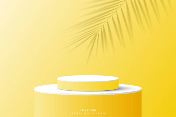 istock 3d white yellow cylinder podium pedestal realistic placed on huge round pedestal with palm leaf shadow background. Minimal wall scene for product mockup or presentation. stage for showcase. 1488767304