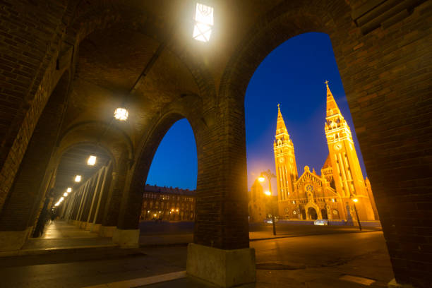 Cathedral of Our Lady of Szeged, one of largest Catholic churches in Hungary at night
