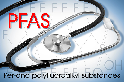 Alertness about dangerous PFAS per-and polyfluoroalkyl substances used in products and materials due to their enhanced water-resistant properties - Concept with stethoscope
