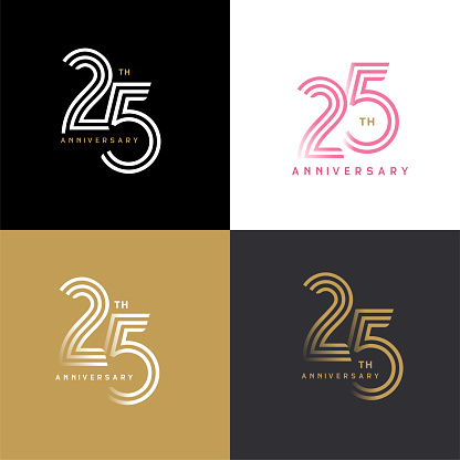 25 years anniversary vector number icon, birthday logo label, black, white and colors stripe number