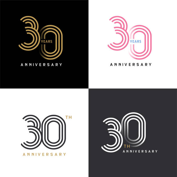30 years anniversary vector number icon, birthday logo label, black, white and colors stripe number vector art illustration