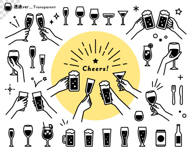 ilustraciones, imágenes clip art, dibujos animados e iconos de stock de un conjunto de ilustraciones de alcohol, vasos y manos brindando. - drinking
