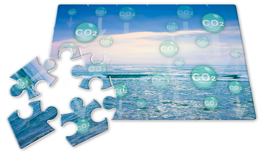 CO2 Carbon dioxide emissions are absorbed by the oceans causing warming of the seas and acidification of the waters - The ocean acts as a carbon sink - jigsaw concept