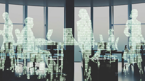 Silhouetted office workers replaced by computer code.
