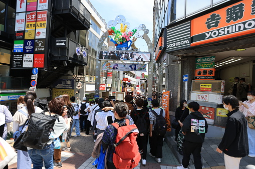 Tokyo Japan - May 1 2023: Takeshita dori, one of famous avenue in tokyo, is crowded because of holiday