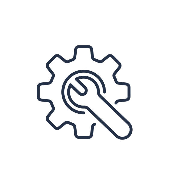 Wrench with gear thin line icon Wrench with gear thin line icon customised stock illustrations