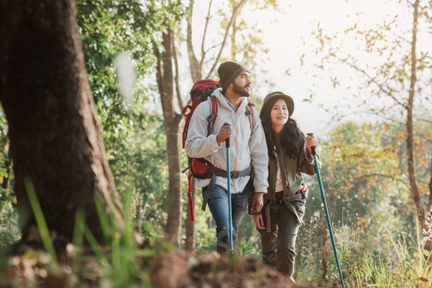 istock Travelers hiking with backpack traveling in forest wild and look around and explore while walking in nature wood. happy holiday vacation trip. 1488771611