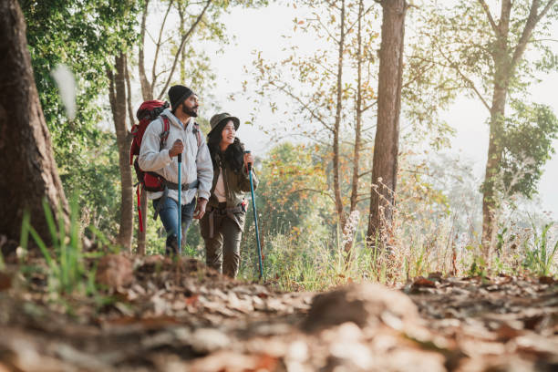 istock Travelers hiking with backpack traveling in forest wild and look around and explore while walking in nature wood. happy holiday vacation trip. 1488771689