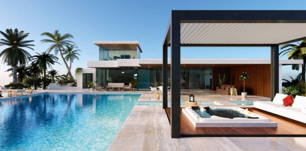 istock 3d render Front view of modern luxury villa with swimming pool and pergola 1488772226