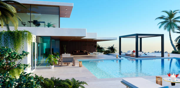 3D illustration of luxurious decor house with huge swimming pool and biocimlatic pergola.Private villa with tropical vegetation, whirlpool and decor furniture.