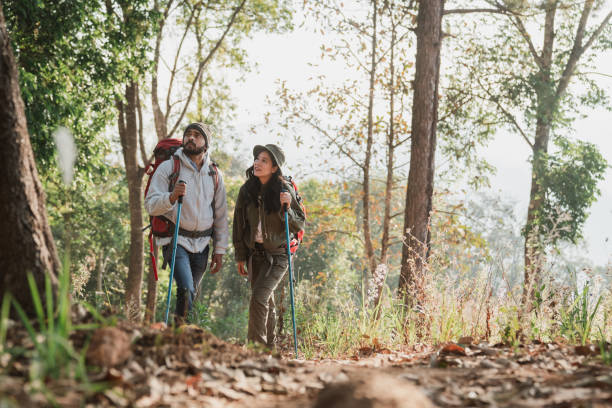 istock Travelers hiking with backpack traveling in forest wild and look around and explore while walking in nature wood. happy holiday vacation trip. 1488772365