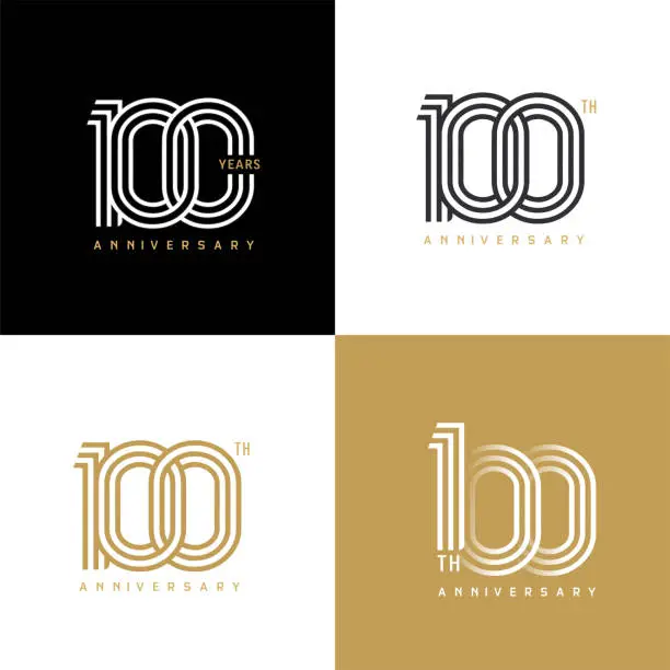 Vector illustration of 100 years anniversary vector number icon, birthday logo label, black, white and colors with stripe number