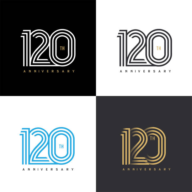 120 jahre jubiläum vektor nummer symbol, geburtstag logo etikett, schwarz, weiß und farben mit streifennummer - number 120 stock-grafiken, -clipart, -cartoons und -symbole