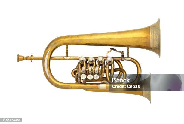 Old Flugelhorn Brass Musical Instrument Isolated Stock Photo - Download Image Now - 19th Century, Ancient, Arts Culture and Entertainment