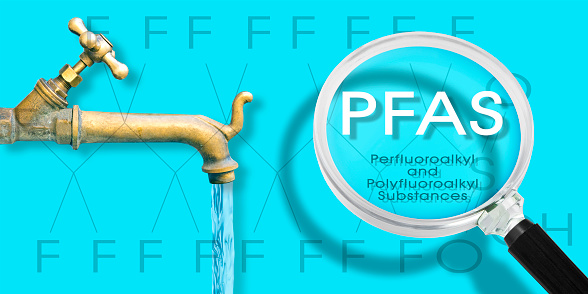PFAS Contamination of Drinking Water - Alertness about dangerous PFAS per-and polyfluoroalkyl substances presence in potable water - Concept with magnifying glass