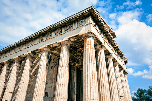 Temple of Hephaestus in Ancient Agora, Athens, Greece. The Temple of Hephaestus is the best preserved ancient temple in Greece. It was dedicated to Hephaestus, the ancient god of fire and Athena, goddess of pottery and crafts.