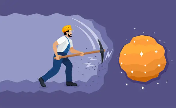 Vector illustration of Man with Pick Axe. Worker digging and mining to find treasure.