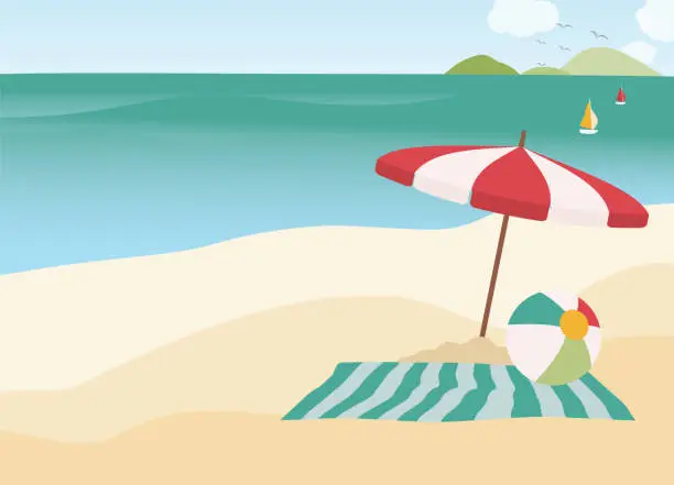 Vector illustration of Beach Scenery With Umbrella, Ball And Mat.