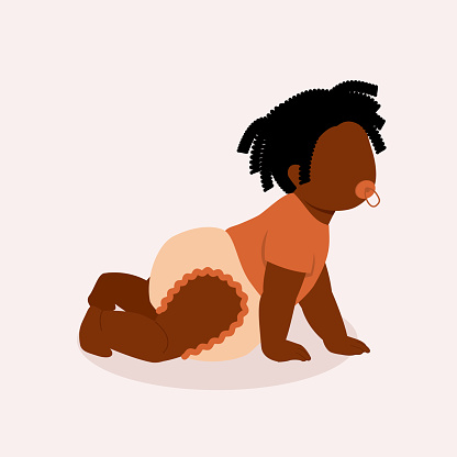 Side View Of A Little Black Baby With Diaper And Pacifier Crawling On The Floor. Isolated On Color Background.