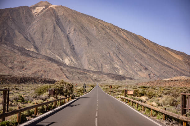 Iconic view of the road under Teide of Tenerife, Canary Islands stock photo