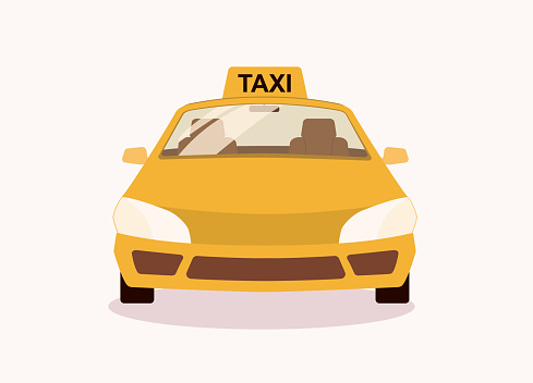 Front View Of A Yellow Taxi With No People. Isolated On Color Background.