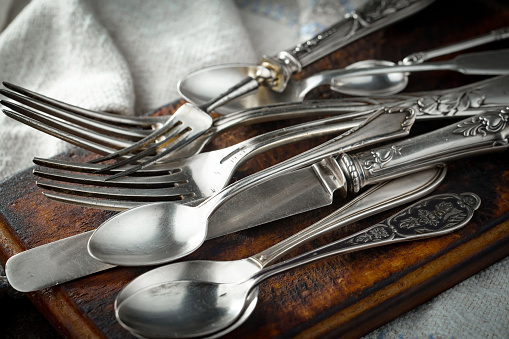 Metal cooking utensils, vintage on the table.