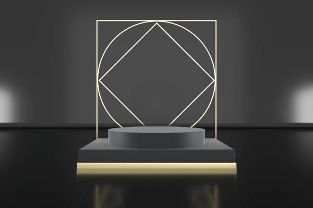 istock 3d render of shop display. Abstract geometric podium background. Minimalist primitive shapes. Modern mockup. Blank template. Empty showcase. 1488779295