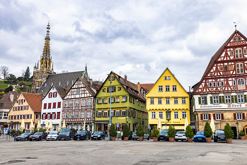 Wipperfuerth, Germany - May 13, 2021: Panoramic image of the historic townhall  of Wipperfurth, Bergisches Land on May 13, 2021 in Germany