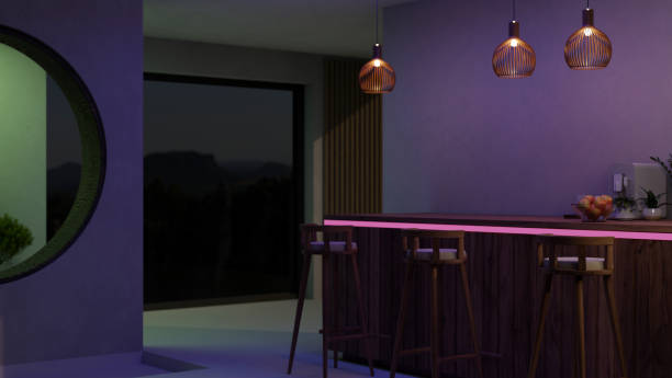 istock Interior design of a modern kitchen at night with counter bar, stools, neon lights 1488782666
