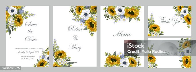 istock Set of sunflowers template. Hand painted illustration. Design element for wedding printing. 1488783576