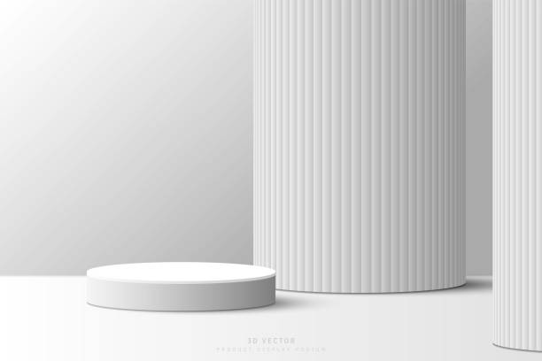 istock Luxury 3d white gray cylinder podium pedestal realistic with huge pillar or pole background. Minimal scene for product display or mockup. 3d vector rendering design. stage for product presentation. 1488783634