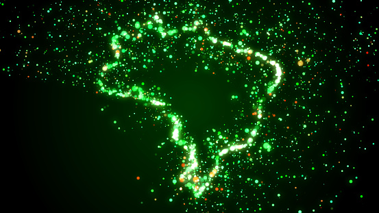 Nebulous Abstract Green Magic Shiny Brazil Map Dotted Lines Silhouette With Glitter Sparkle Dust Particles