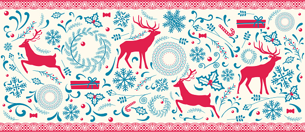 Wide lace ribbons and christmas symbols. Design elements with deer and snowflake icons. Seamless pattern for creating style, decor design. Lace decoration template of christmas or winter print