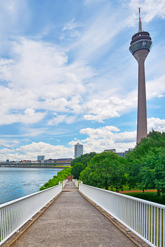 Rhine telecommunications tower (Rheinturm) and Rhein Knie Bridge (Rheinkniebrücke) in Düsseldorf, Germany