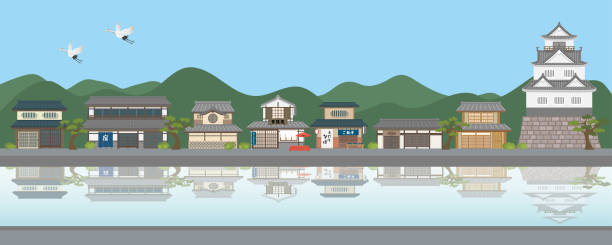 Japanese old townscape Scenery of the castle town riverbank stock illustrations