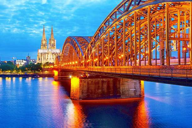 Hohenzollern Bridge and Cologne Cathedral at night, Germany
