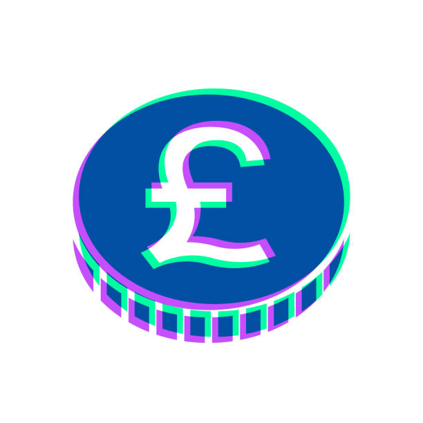 Pound coin. Icon with two color overlay on white background Icon of "Pound coin" in trendy colorful style on blank background. Purple and green are overlapped to create a modern visual effect, looking like anaglyph images. The combination of purple and green in this illustration creates a predominantly dark blue icon. Vector Illustration (EPS file, well layered and grouped). Easy to edit, manipulate, resize or colorize. Vector and Jpeg file of different sizes. british coins stock illustrations