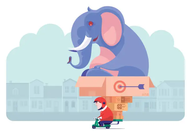 Vector illustration of courier carrying carton of elephant on scooter