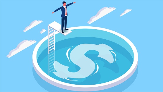 Love of money, the pursuit of money, profit or higher income, greed and lust, isometric businessmen standing on the diving platform ready to jump into the pool of money