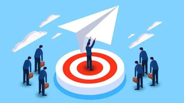 Vector illustration of Strengths and Competitiveness, Leadership, First to the Goal or Accomplishment, Best Employee, Isometric Smart Businessman Pulling a Paper Airplane First to the Bullseye