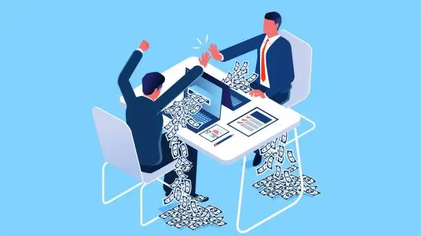 Vector illustration of Excited businessmen, making money, high fives, business winners, winning the jackpot, successful investments, isometric two businessmen sitting in front of the computer working high fives and money coming out of the computer