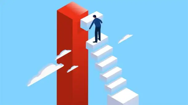 Vector illustration of Self-improvement, career planning, building ladders of success, bridging gaps to reach higher goals and steps, isometric businessmen building steps to try to get to higher places from lower places