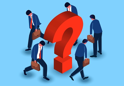 Hanging heads, frustrations, problems and troubles, business or career struggles, isometric businessmen hanging their heads in circles around a huge question mark