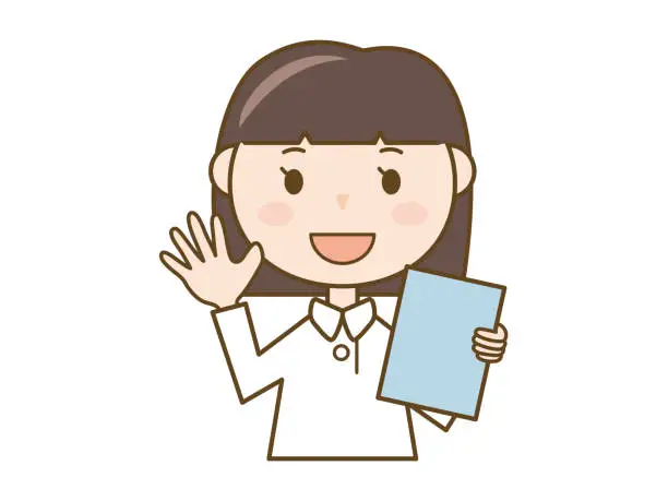 Vector illustration of A nurse greeting with a medical record_Illustration of a woman wearing a white coat 2