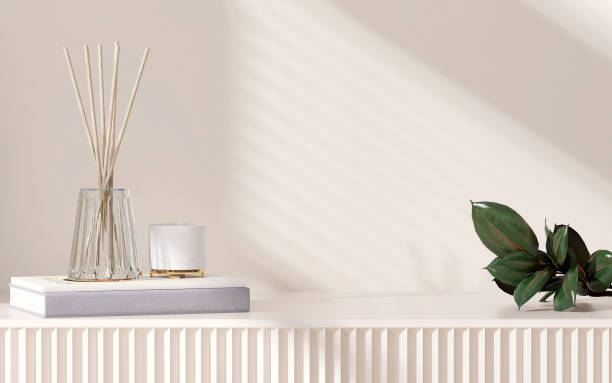 istock Empty space on beige cream cabinet with corrugated door, books, glass vase with reed diffuser, candle, green tropical tree leaf in sunlight, window blinds shadow on white wall 1488794381