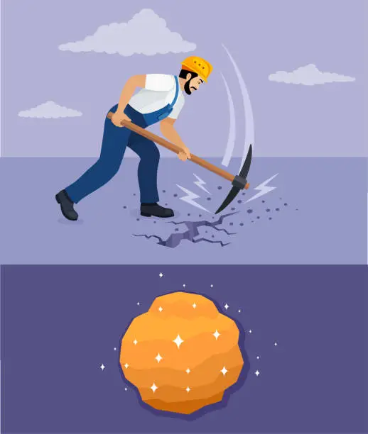 Vector illustration of Man with Pick Axe. Worker digging to find gold.