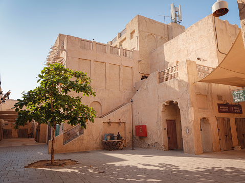 20 March 2023, Dubai, UAE: Al Seef old town village in Dubai, Al Seef Khor is 1.8 km waterfront promenade along bank of Dubai Creek in Al Fahidi neighborhood