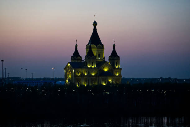 Nizhniy Novgorod, Russian Federation - April 27, 2023, Cathedral in Nizhny Novgorod, Russia, shooting at night with illumination against a dark sky