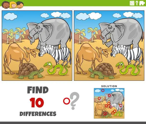 Vector illustration of differences activity with comic animal characters group